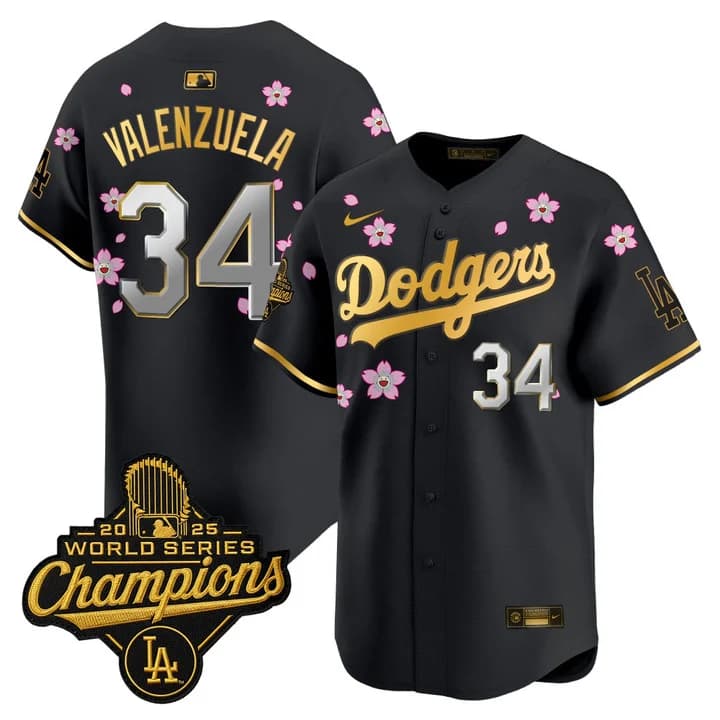 Men's Dodgers 2025 World Series Champions x Tokyo Series Gold Trim Vapor Premier Limited Jersey - Stitched Fernando Valenzuela  34