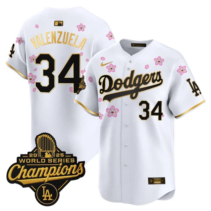 Men's Dodgers 2025 World Series Champions x Tokyo Series Gold Trim Vapor Premier Limited Jersey - Stitched Fernando Valenzuela