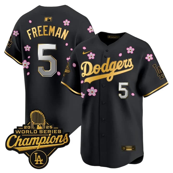 Men's Dodgers 2025 World Series Champions x Tokyo Series Gold Trim Vapor Premier Limited Jersey - Stitched Freddie Freeman   5