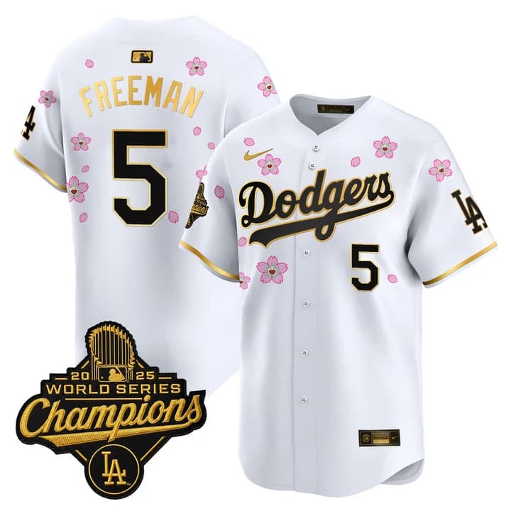 Men's Dodgers 2025 World Series Champions x Tokyo Series Gold Trim Vapor Premier Limited Jersey - Stitched Freddie Freeman