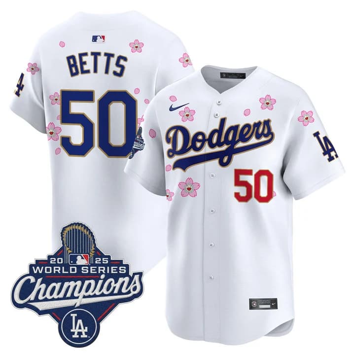 Men's Dodgers 2025 World Series Champions x Tokyo Series Gold Trim Vapor Premier Limited Jersey - Stitched Mookie Betts     50