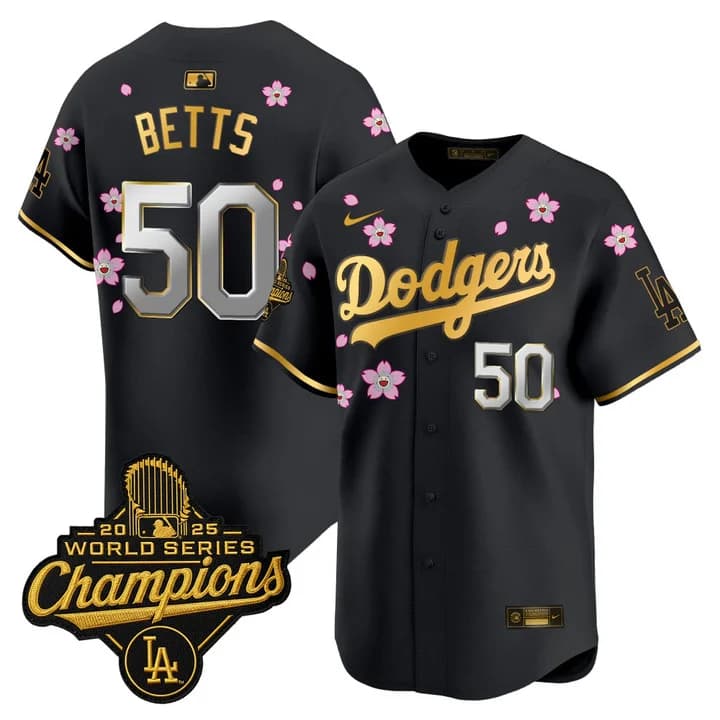 Men's Dodgers 2025 World Series Champions x Tokyo Series Gold Trim Vapor Premier Limited Jersey - Stitched Mookie Betts   50