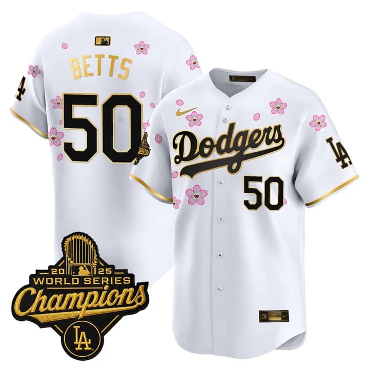 Men's Dodgers 2025 World Series Champions x Tokyo Series Gold Trim Vapor Premier Limited Jersey - Stitched Mookie Betts