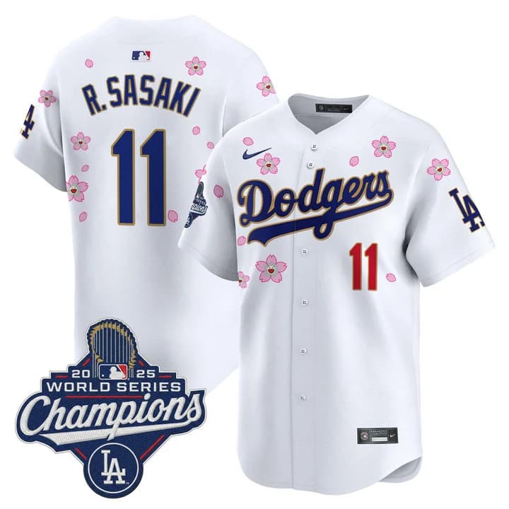 Men's Dodgers 2025 World Series Champions x Tokyo Series Gold Trim Vapor Premier Limited Jersey - Stitched Roki Sasaki    11