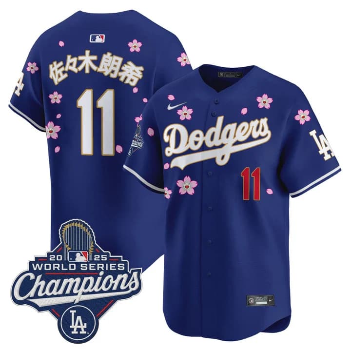 Men's Dodgers 2025 World Series Champions x Tokyo Series Gold Trim Vapor Premier Limited Jersey - Stitched Roki Sasaki (Kanji)    #11