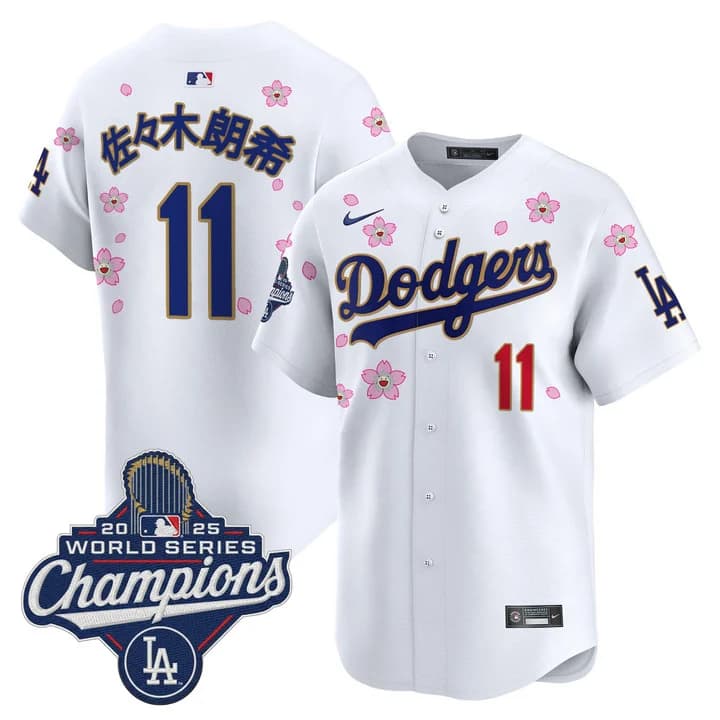 Men's Dodgers 2025 World Series Champions x Tokyo Series Gold Trim Vapor Premier Limited Jersey - Stitched Roki Sasaki (Kanji)    11