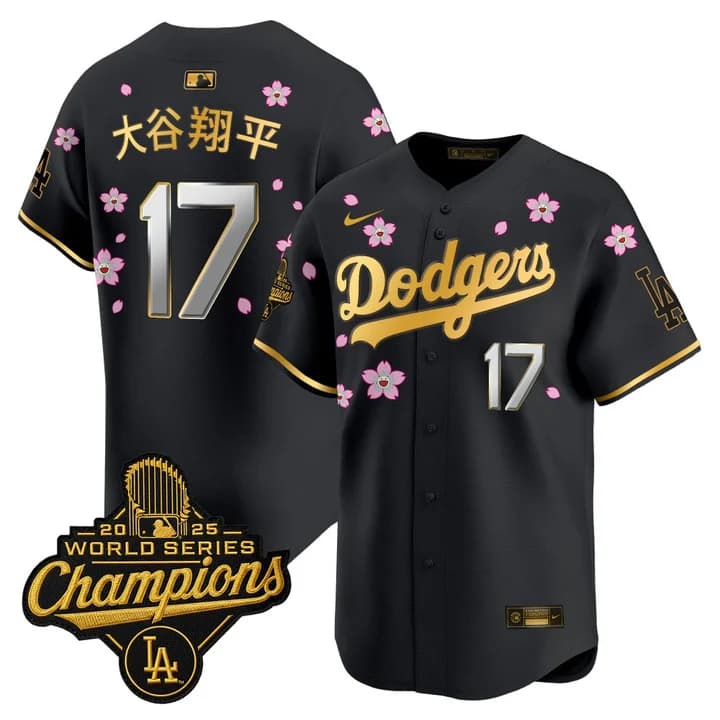 Men's Dodgers 2025 World Series Champions x Tokyo Series Gold Trim Vapor Premier Limited Jersey - Stitched Shohei Ohtani (Kanji)  17