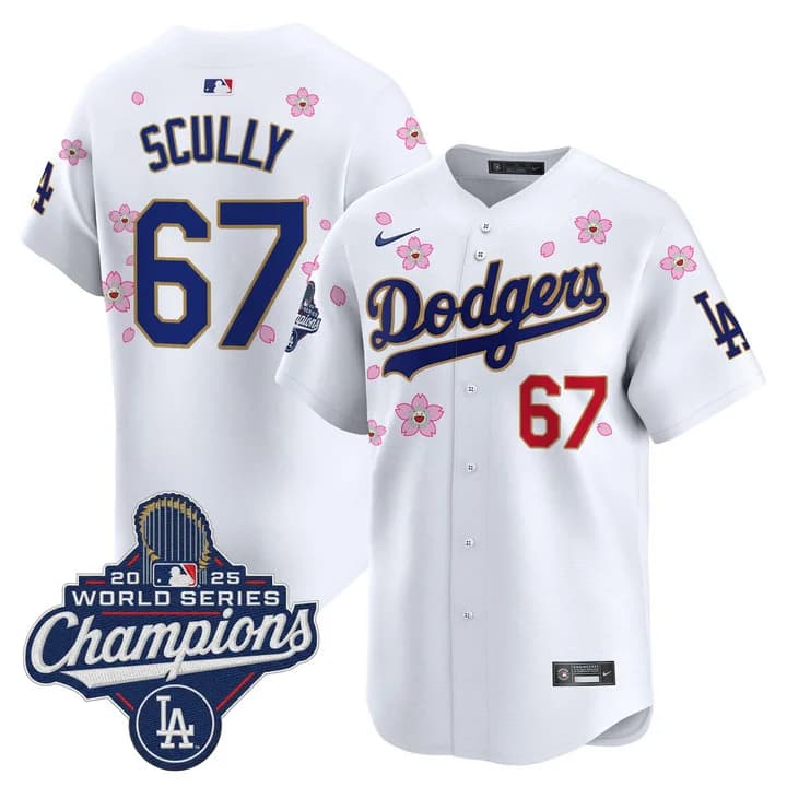 Men's Dodgers 2025 World Series Champions x Tokyo Series Gold Trim Vapor Premier Limited Jersey - Stitched Vin Scully    67