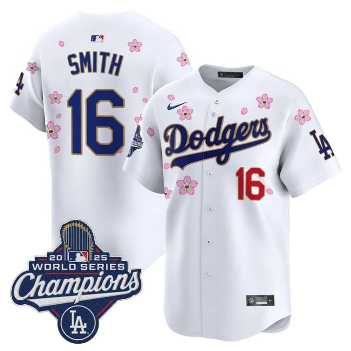 Men's Dodgers 2025 World Series Champions x Tokyo Series Gold Trim Vapor Premier Limited Jersey - Stitched Will Smith     16