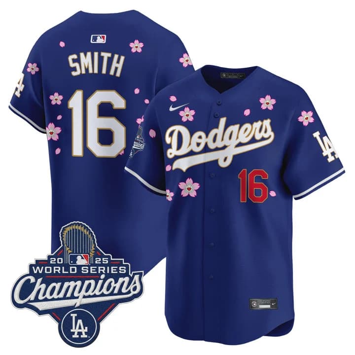 Men's Dodgers 2025 World Series Champions x Tokyo Series Gold Trim Vapor Premier Limited Jersey - Stitched Will Smith    16