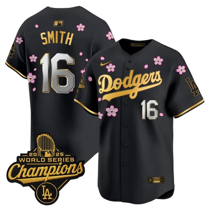 Men's Dodgers 2025 World Series Champions x Tokyo Series Gold Trim Vapor Premier Limited Jersey - Stitched Will Smith   16