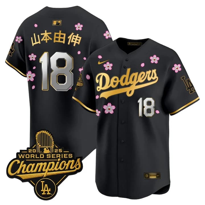 Men's Dodgers 2025 World Series Champions x Tokyo Series Gold Trim Vapor Premier Limited Jersey - Stitched Yamamoto (Kanji) 18