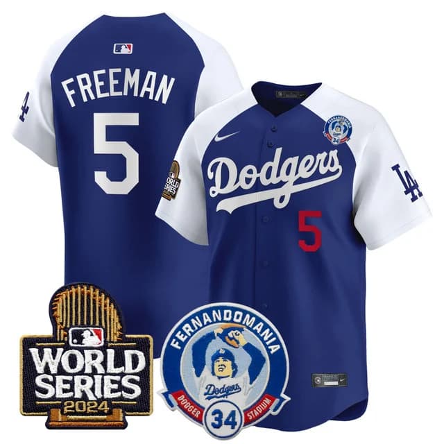 Men's Dodgers Fernando Valenzuela & 2024 World Series Patch Vapor Premier Limited Jersey V3 - All Stitched Freddie  Freeman
