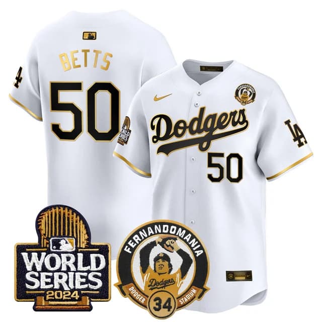 Men's Dodgers Fernando Valenzuela & 2024 World Series Patch Vapor Premier Limited Jersey V3 - All Stitched Mookie Betts    50