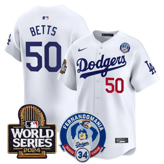 Men's Dodgers Fernando Valenzuela & 2024 World Series Patch Vapor Premier Limited Jersey V3 - All Stitched Mookie Betts #50