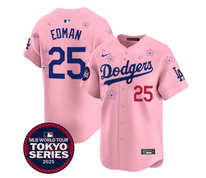 Men's Dodgers Tokyo Series 2025 Vapor Premier Limited Jersey - Stitched Cherry Blossom  Tommy Edman 25