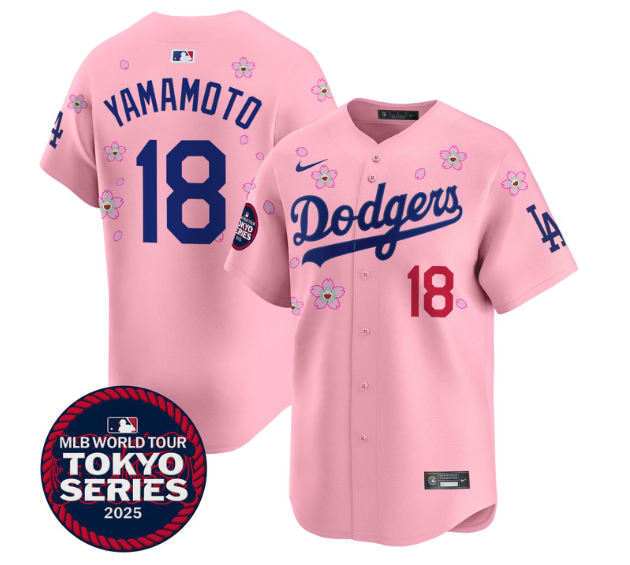 Men's Dodgers Tokyo Series 2025 Vapor Premier Limited Jersey - Stitched Cherry Blossom  Yamamoto 18