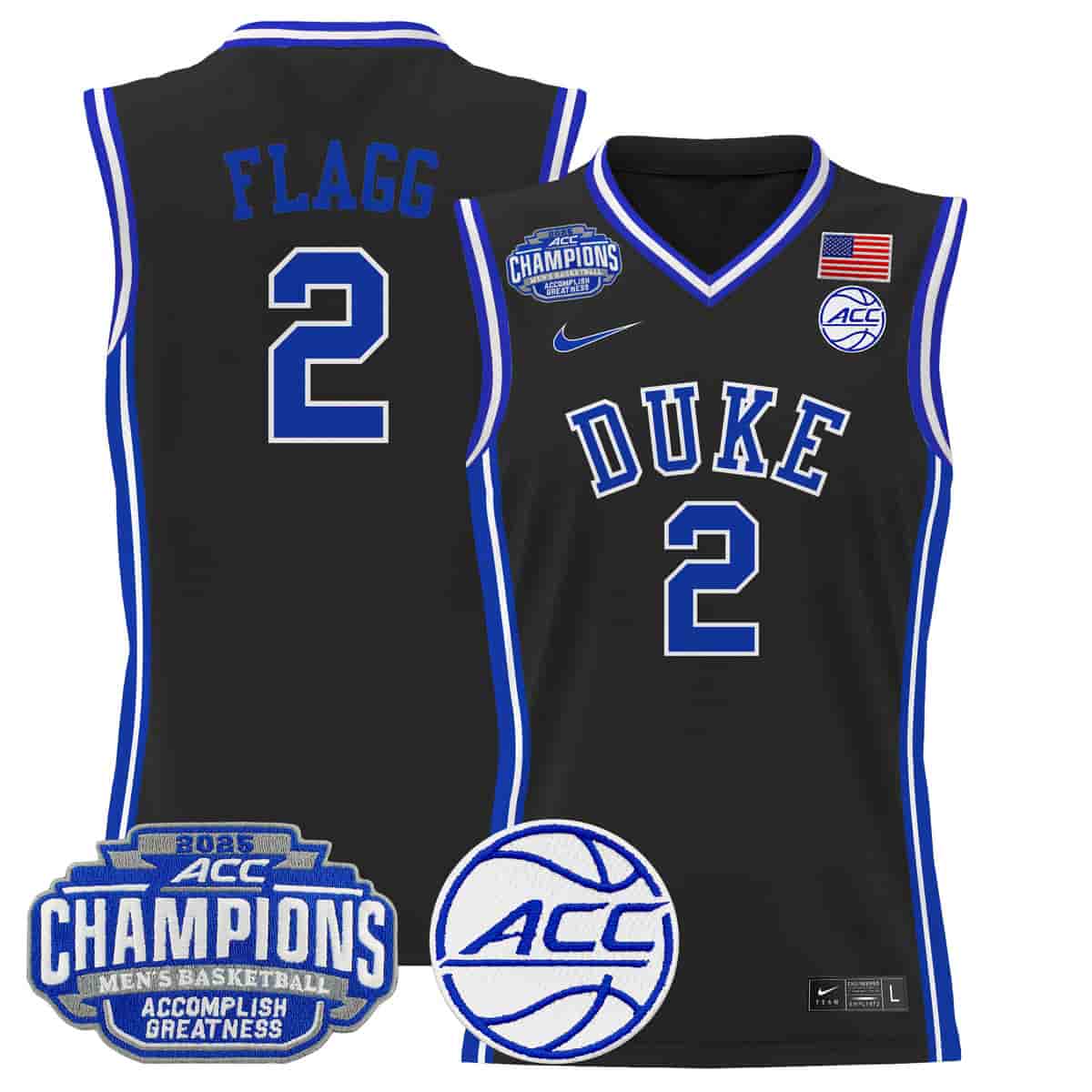 Men's Duke Blue Devils 2025 ACC Conference Tournament Champions Basketball Jersey - All Stitched Black  Cooper Flagg 2