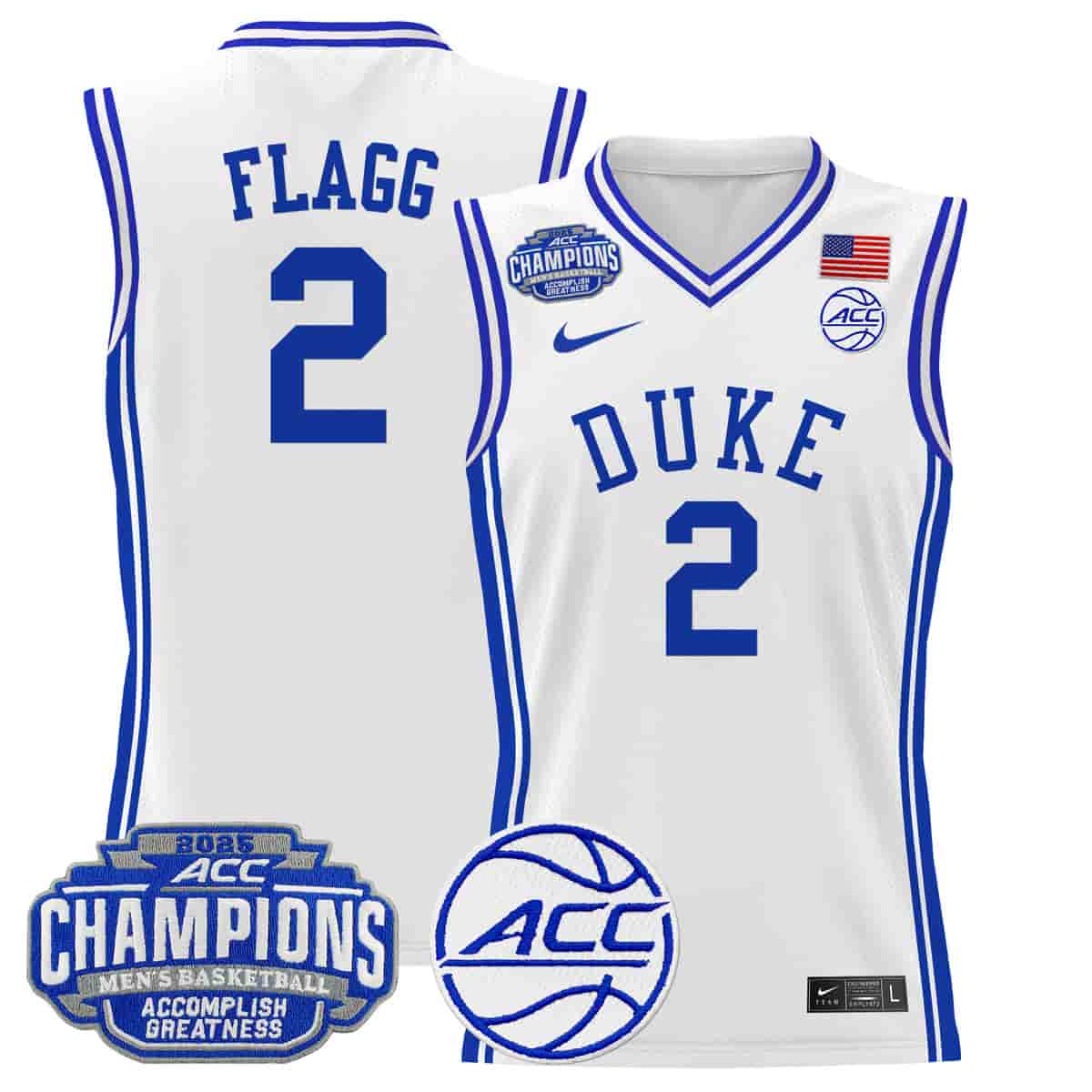 Men's Duke Blue Devils 2025 ACC Conference Tournament Champions Basketball Jersey - All Stitched white Cooper Flagg 2