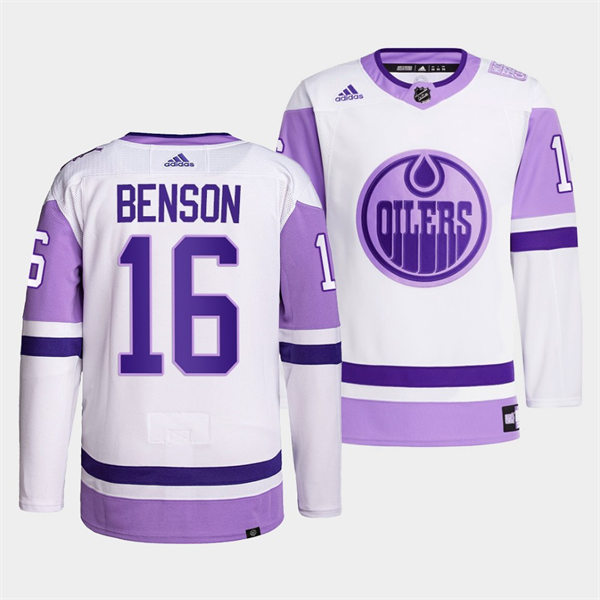 Men's Edmonton Oilers #16 Derick Brassard 2021-22 White Purple Hockey Fights Cancer Primegreen Jersey Stitched