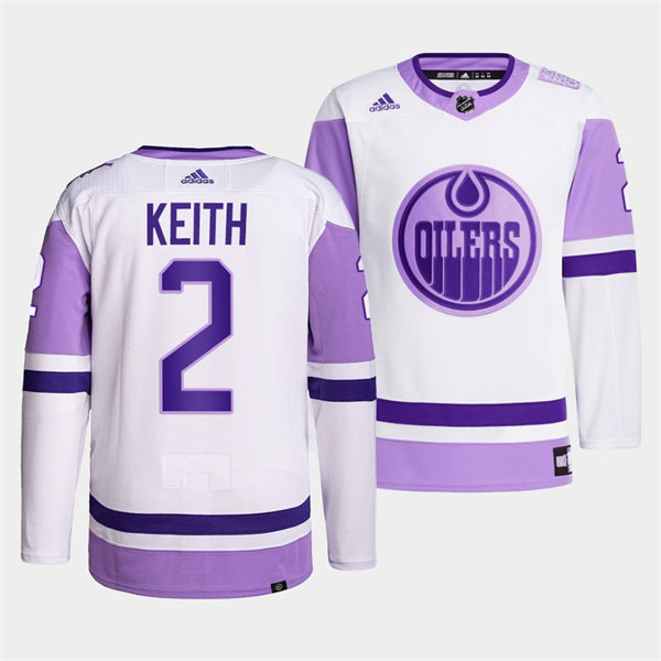 Men's Edmonton Oilers #2 Duncan Keith 2021-22 White Purple Hockey Fights Cancer Primegreen Jersey Stitched