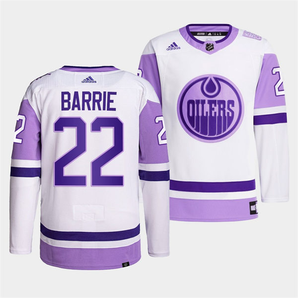 Men's Edmonton Oilers #22 Tyson Barrie 2021-22 White Purple Hockey Fights Cancer Primegreen Jersey Stitched