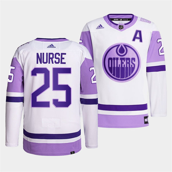 Men's Edmonton Oilers #25 Darnell Nurse 2021-22 White Purple Hockey Fights Cancer Primegreen Jersey Stitched