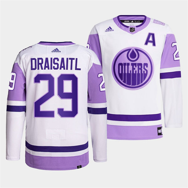Men's Edmonton Oilers #29 Leon Draisaitl 2021-22 White Purple Hockey Fights Cancer Primegreen Jersey Stitched