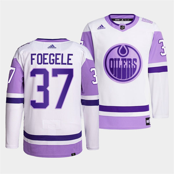 Men's Edmonton Oilers #37 Warren Foegele 2021-22 White Purple Hockey Fights Cancer Primegreen Jersey Stitched