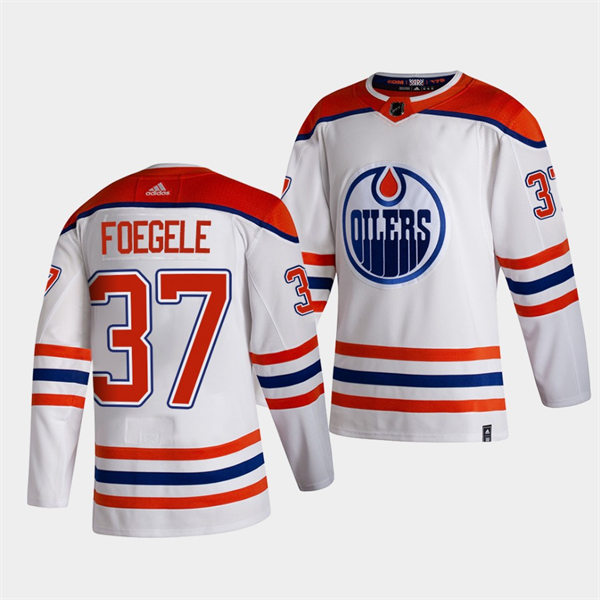 Men's Edmonton Oilers #37 Warren Foegele adidas White 2021 Reverse Retro Jersey Stitched