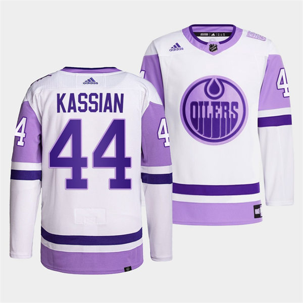 Men's Edmonton Oilers #44 Zack Kassian 2021-22 White Purple Hockey Fights Cancer Primegreen Jersey Stitched