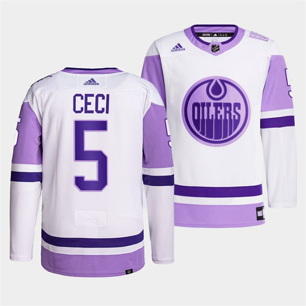 Men's Edmonton Oilers #5 Cody Ceci 2021-22 White Purple Hockey Fights Cancer Primegreen Jersey Stitched