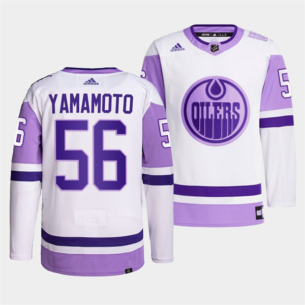 Men's Edmonton Oilers #56 Kailer Yamamoto 2021-22 White Purple Hockey Fights Cancer Primegreen Jersey Stitched