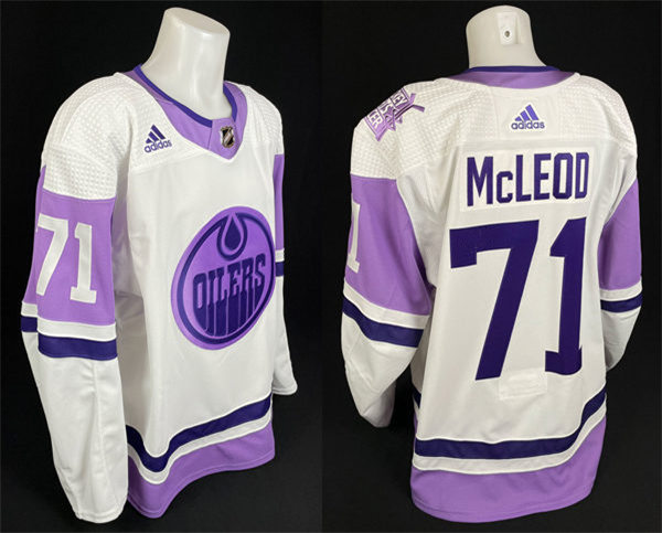 Men's Edmonton Oilers #71 Ryan McLeod 2021-22 White Purple Hockey Fights Cancer Primegreen Jersey Stitched