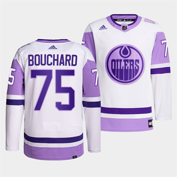 Men's Edmonton Oilers #75 Evan Bouchard 2021-22 White Purple Hockey Fights Cancer Primegreen Jersey Stitched