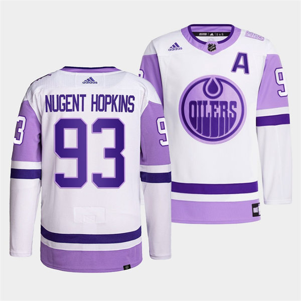 Men's Edmonton Oilers #93 Ryan Nugent-Hopkins 2021-22 White Purple Hockey Fights Cancer Primegreen Jersey Stitched