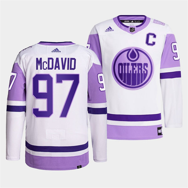 Men's Edmonton Oilers #97 Connor McDavid 2021-22 White Purple Hockey Fights Cancer Primegreen Jersey Stitched
