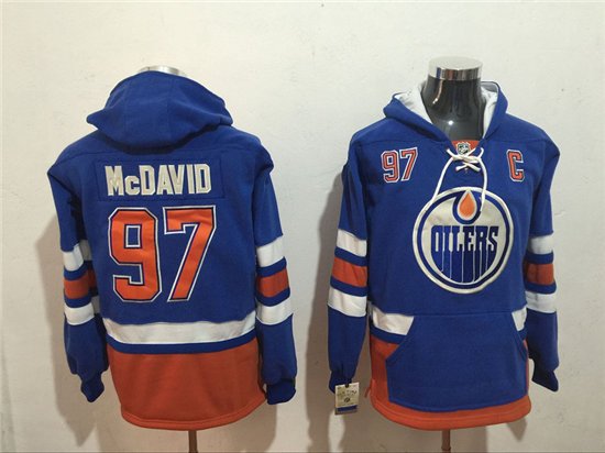 Men's Edmonton Oilers #97 Connor McDavid NEW Royal Blue Stitched NHL Old Tim Hockey Hoodie Stitched