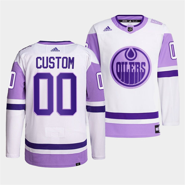 Men's Edmonton Oilers Custom 2021-22 White Purple Hockey Fights Cancer Primegreen Jersey Stitched