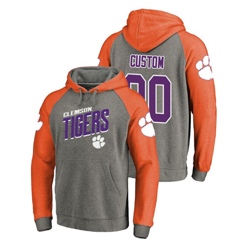 Men's Fanatics Branded #00 Custom Clemson Tigers Raglan Heathered Gray Slant Strike Hoodie