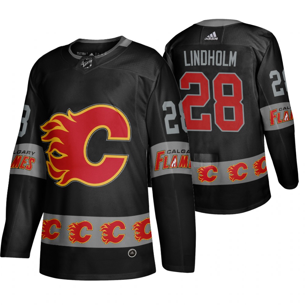 Men's Flames #28 Elias Lindholm Logo sleeve Breakaway Jersey Black