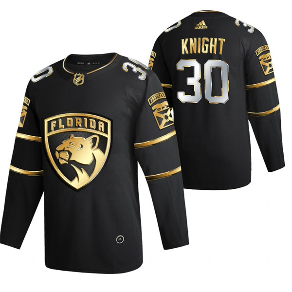 Men's Florida Panthers #30 Spencer Knight 2021 Black Golden Edition Jersey Stitched