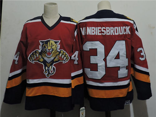Men's Florida Panthers #34 JOHN VANBIESBROUCK 1993 Vintage Throwback Red Jersey Stitched