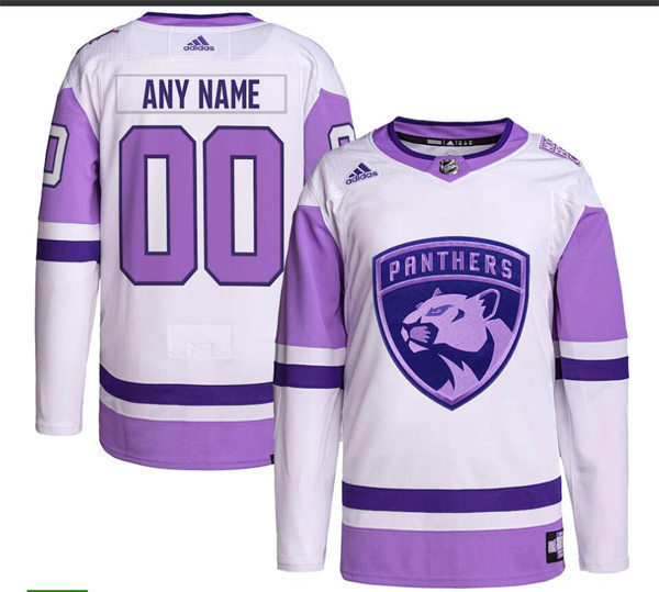 Men's Florida Panthers Custom adidas 2021-22 White Purple Hockey Fights Cancer Primegreen Jersey Stitched