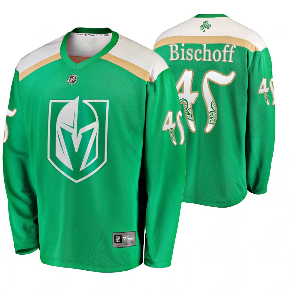 Men's Golden Knights #45 Jake Bischoff Replica St. Patrick's Day Jersey Green