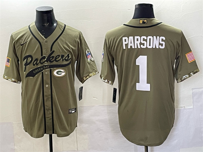 Men's Green Bay Packers #1 Micah Parsons Olive Salute to Service Cool Base Stitched Baseball Jersey