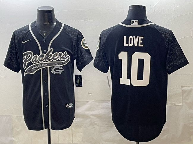 Men's Green Bay Packers #10 Jordan Love Black Reflective With Patch Cool Base Stitched Baseball Jersey