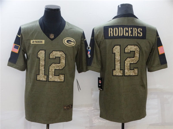 Men's Green Bay Packers #12 Aaron Rodgers Nike 2021 Olive Camo Number Salute To Service Limited Stitched Jersey
