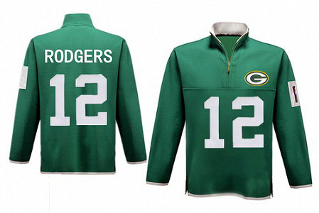 Men's Green Bay Packers 52 Rodgers Antigua Green Fortune Sweater Knit Microfleece Quarter-Zip Pullover Green Jacket