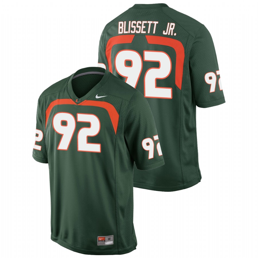 Men's Green Miami Hurricanes Jason Blissett Jr. Game College Football Jersey Men's Jersey Miami Hurricanes Green Jason Blissett Jr. Game College Football Jersey